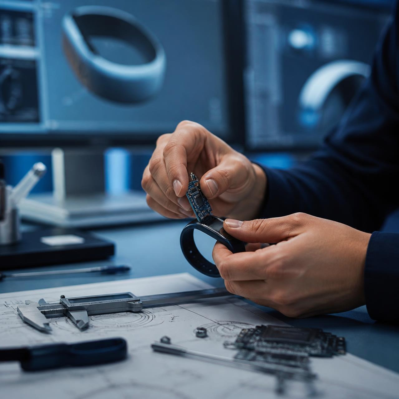 An Invenker engineer assembling the electronics of a wearable device beside technical drawings